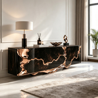 Koyu Mermer Desenli Fiberglas Çerçeveli Konsol, Lüks Çağdaş Yemek Alanları İçin Eritilmiş Bronz Akışkan Detaylar