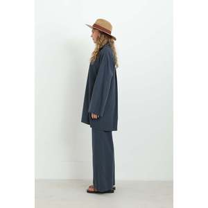 LOREEN Women's Button Detail Oversize Shirt & <b>Pants</b> Two-Piece Set, Comfortable Casual Navy Blue Outfit, Model 20694TKS - Product Image 2