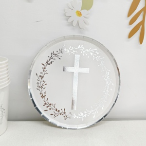 DAMAI - Vajilla Desechable para Fiesta de Bautizo Cristiano, Plato con Cruz Plateada y Corona de Olivas, Platos de Papel, Vasos, Servilletas - Product Image 2