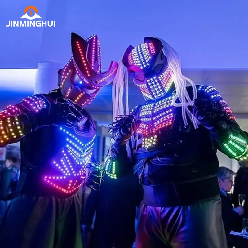 Nachtclub Bar Feest Leidde Lichtgevende Dans Kostuum Kleding Met Led Helm Gloeiende Robot Pak Podiumkleding Danskleding