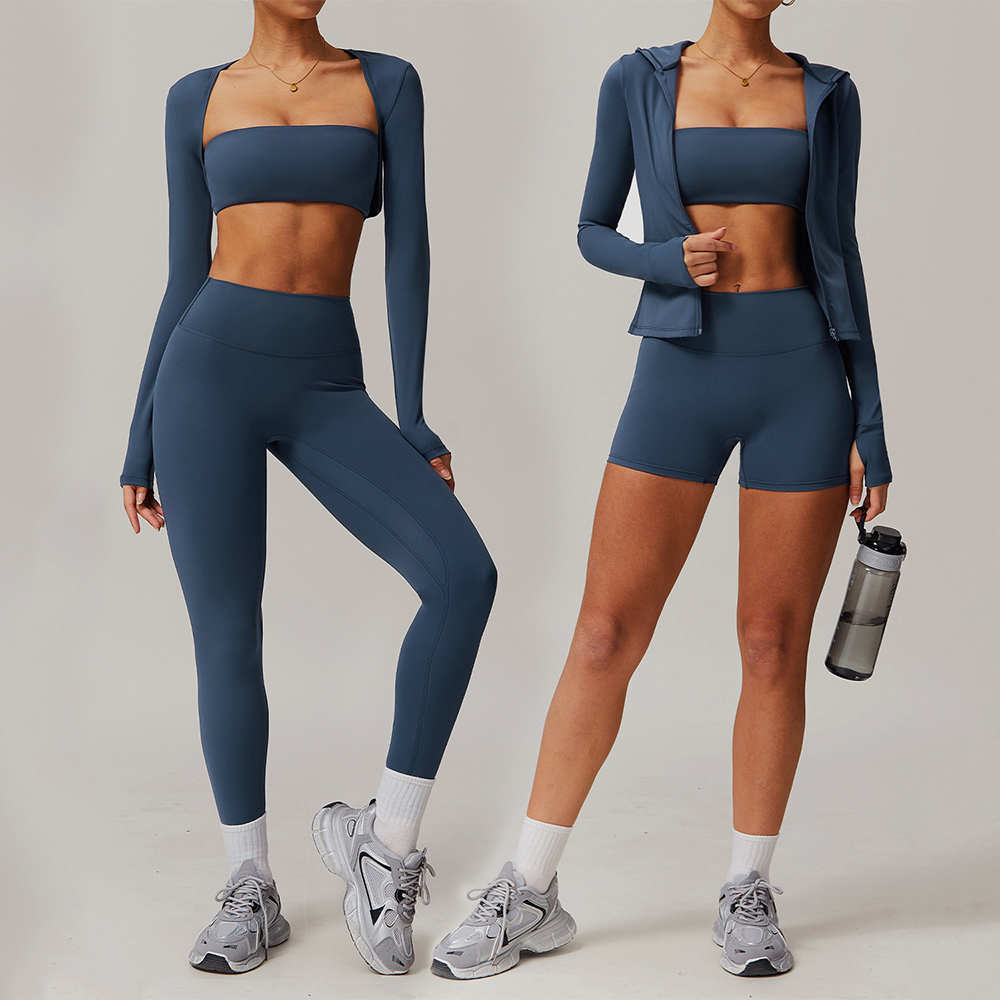 Custom New Sexy Quick Dry Workout Zipper Tops Yoga Sports Bra Gym Shorts Scrunch Butt Running Leggings 3 Piece Gym Set For Women