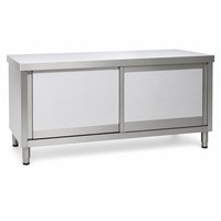 Plan de travail en acier inoxydable pour cuisine commerciale avec armoire de rangement à porte coulissante pour restaurant, hôtel ou usage domestique