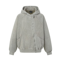 Cardigan à capuche délavé pour homme, style ample, avec fermeture éclair oblique et design de couture déstructuré, vente en gros