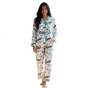 Elegante Conjunto de Pijama de Dos Piezas con Estampado de Pavo Real, 100% Algodón, Suave, Transpirable y Liso, para Mujeres y Niñas, Verano-Otoño - Product Image 1