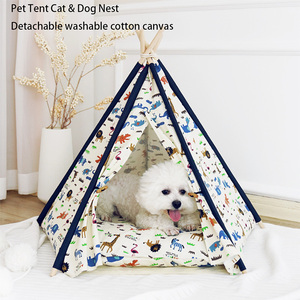 Indoor Linen Canvas Fashion Cartoon Pet Tent <strong>Bed</strong> All Season Cozy Triangle Cave for <strong>Dogs</strong> Cats - Product Image 1