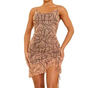 Abstract Line Print Ladies Dress Sexy Ruched Detail Plus Size Bodycon Dress