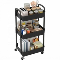 Chariot utilitaire roulant en plastique à 3 niveaux avec poignée, chariot de rangement multifonctionnel, organisateur de rangement mobile avec roues, noir