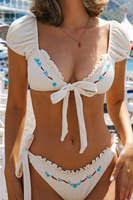 Ensemble bikini micro-bra à manches bouffantes brodé floral, 2 pièces, réversible, respirant, avec fronces et texture côtelée pour femme