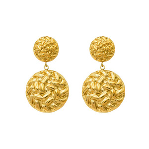 Boucles d'oreilles pendantes rondes texturées en acier inoxydable plaqué or 18 carats, style rétro vintage minimaliste, bijoux de mode pour femmes - Product Image 1