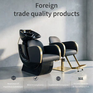 Ensemble de fauteuils de lavage de luxe personnalisables Sulin noir et or, station de lavage de cheveux avec fauteuil de barbier pour salon de beauté et <span class=keywords><strong>spa</strong></span> - Product Image 1