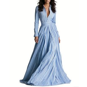 Vestido Camisero Largo a Rayas Azules y Blancas para Mujer, con Botones, Manga Larga, Cinturón, Estilo Casual, Moda Sehe - Product Image 3