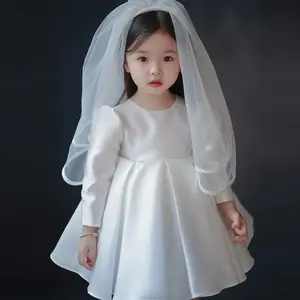高品质女孩派对礼服精品婴儿一岁长袖礼服白色婚纱