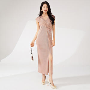 Fashion Design Pleated Midi <b>Dress</b> Women <b>High</b>-grade Loose Fit Slit One-step Elegant Evening Natural <b>Waist</b> Sashes Washable - Product Image 2