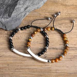 Adjustable Braided <b>Rope</b> Beaded <b>Bracelet</b> With Blank Stainless Steel Curved Bar Natural Stone Custom Engravable <b>Bracelet</b> - Product Image 5