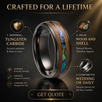 Bagues en tungstène gris anthracite tendance en gros avec incrustation de coquille d'ormeau et de bois de fût de whisky pour hommes et femmes, alliance de mariage et de promesse