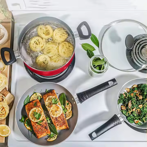 Chất lượng cao nhôm Fry Pan thịt hầm chảo nấu ăn chảo và chậu 12pcs cuộc sống Nụ cười không dính <span class=keywords><strong>Cookware</strong></span> Set - Product Image 2