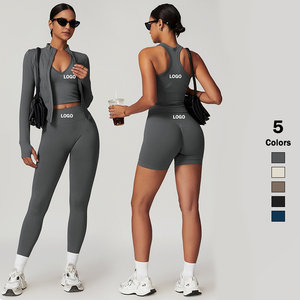 Ensemble de vêtements de sport personnalisés avec logo : soutien-gorge de yoga respirant, shorts, haut moulant à col halter et pantalon de fitness décontracté - Product Image 1