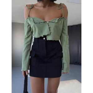 Gabardine Short <b>Skirt</b> Pocket Detail Modern Gothic Genuine Leather Satin <b>Silk</b> Material Embroidery Ruffle Decoration Black Color - Product Image 1