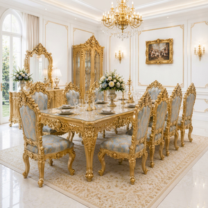 Classical Palace Inspired Carved <b>Dining</b> Room Furniture 10 Seater Ornate <b>White</b> Gold Inlay Oval <b>Dining</b> <b>Table</b> with Carved Chairs - Product Image 1