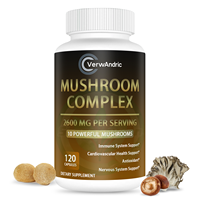 Vente en gros OEM Marque privée 2600MG Capsules de complexe de champignons Compléments alimentaires pour le système immunitaire adulte Soutien de la mémoire 120 capsules par