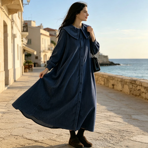 Robe Abaya d'été bleue unie à col Peter Pan, manches longues, coupe ample, couleur unie, robe décontractée musulmane pour le quotidien - Product Image 6