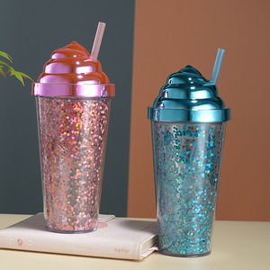 Double Layer Plastic Straw Cup Electroplated Snail Lid Sequin Cup Ice Cream Glitter Water Cup Party Use - Product Image 2