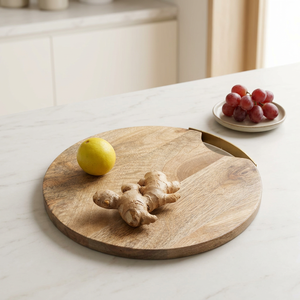 Planche à découper en bois de manguier naturel, ronde, faite à la main - Antidérapante et compatible lave-vaisselle |   Option de vente en gros personnalisable disponible - Product Image 1