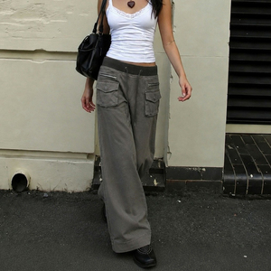 Pantalon cargo en denim pour femme, coupe ample, taille haute élastique avec empiècements côtelés extensibles, jean évasé multipoches style streetwear - Product Image 4