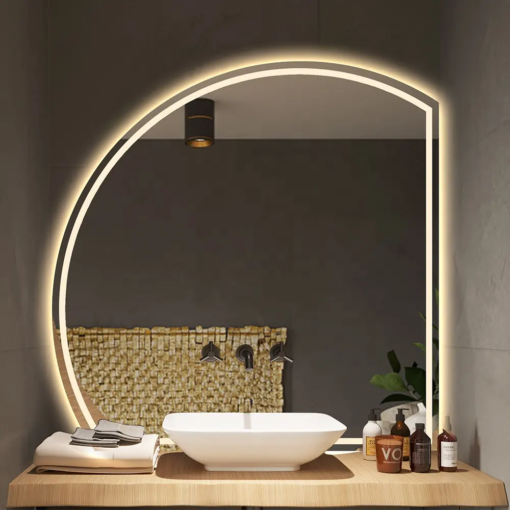 Moderner Halbkreis-LED-Kosmetik spiegel Wand-Schmink tisch mit dreifarbigem Licht