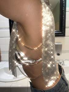 Top corto <span class=keywords><strong>de</strong></span> fiesta <span class=keywords><strong>con</strong></span> espalda descubierta y diamantes <span class=keywords><strong>de</strong></span> imitación para mujer, Camiseta <span class=keywords><strong>de</strong></span> cuello alto <span class=keywords><strong>con</strong></span> purpurina, camiseta sin mangas <span class=keywords><strong>con</strong></span> diamantes y cadena <span class=keywords><strong>de</strong></span> Metal ajustable para verano - Product Image 5