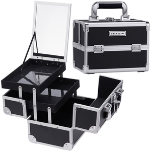 2 Trays <b>Makeup</b> Organizer Box with Mirror Portable Travel Cosmetic Suitcase for Nail Craft Beauty Tools Durable Jewelry <b>Case</b> - Product Image 1