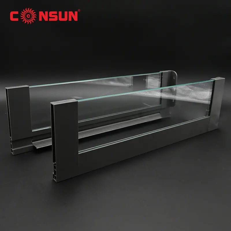 Armoire de cuisine à domicile extension complète réglable fermeture en douceur mince double paroi guide de tiroir glissière LED système tandem avec verre