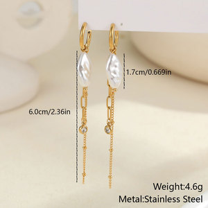 Fashion Wholesale Fine 14k 18k <b>Gold</b> Plated 316L Stainless Steel Pearl Tassel Drop <b>Dangle</b> <b>Gold</b> <b>Earrings</b> for Women - Product Image 4