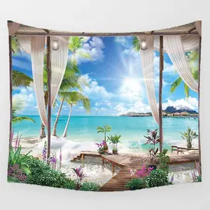 Belle plage de mer paysage cocotier plage Art mural tapisserie arrière-plan tissu suspendu décoration murale tapisserie Polyester