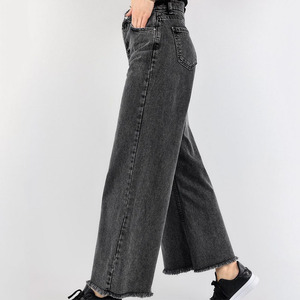 Op maat gemaakte dames jeansbroek met hoge taille, rauwe zoom, rechte pijpen, zwarte wijde jeans voor vrouwen - Product Image 3
