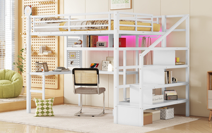 Lit moderne réglable pleine grandeur avec éclairage LED et station de charge, lit mezzanine en bois avec bureau et escalier - Product Image 2