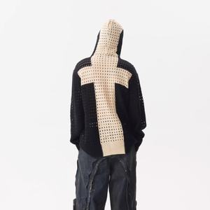 Suéter de punto al por mayor de manga larga con logo personalizado, chaqueta de lana con capucha y cremallera, diseño cruzado hueco y hombros caídos. - Product Image 3