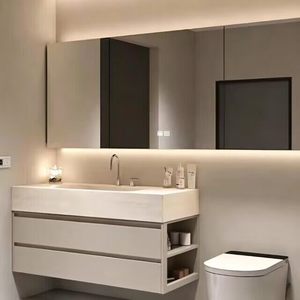 Meuble de salle de bain intelligent avec miroir, armoire d'extension en aluminium alvéolé, vasque intégrée en dalle de roche pliée à chaud sur mesure - Product Image 3