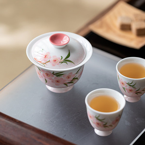 Hand Painted Peach Blossom Gaiwan Teacup With Lid Porcelain Kung Fu <b>Tea</b> <b>Set</b> Chinese Ceramic Household <b>Tea</b> Bowl - Product Image 4