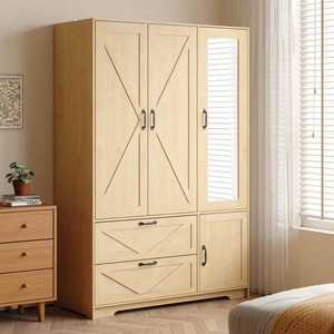 Armoire autoportante en panneaux de particules, finition naturelle, 3 portes, avec miroir, tringle de suspension et 2 tiroirs - Product Image 3