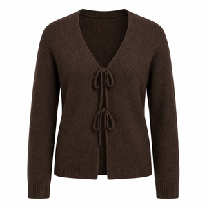<span class=keywords><strong>Cardigan</strong></span> Elegante da Donna in Maglia <span class=keywords><strong>Marrone</strong></span> Scuro con Scollo a V e Laccio Frontale, Manica Lunga, Personalizzabile OEM ODM - Product Image 1