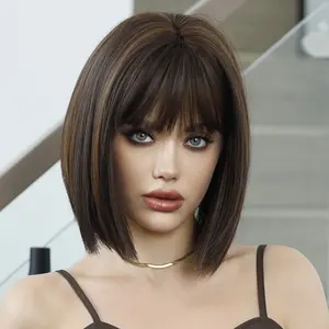 Yaki Brown Black Bob Straight Wig With Bangs 12in Short Wig Synthetic Natural Hair 150% Density Staight Layered Wig For Women