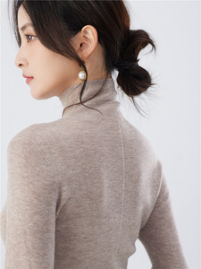 Suéter de <span class=keywords><strong>Cuello</strong></span> Alto para Mujer, Lavable a Máquina, Sin Costuras, Tejido Fino de Calibre 18, 100% Lana Fina Pura, Delgado, para Otoño - Product Image 5