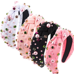 Fascia <span class=keywords><strong>rosa</strong></span> e verde da donna con nodo a forma <span class=keywords><strong>di</strong></span> perla e strass decorata alla moda regalo per feste quotidiane - Product Image 1