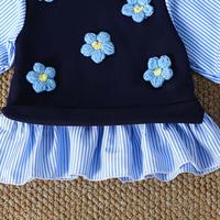 Ensemble pour bébés filles : Gilet côtelé à fleurs 3D au crochet, Blouse à volants rayée à manches péplum et Pantalon évasé côtelé élastique