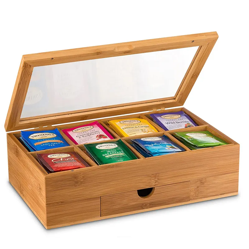 Caja de bambú de madera, embalaje personalizado, bolsa de té para embalaje con tapa con bisagras