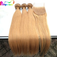 Couleur # 27 Mèches de cheveux humains vierges indiens bruts, lisses, double trame, couleur blonde 27, avec closure frontale en dentelle