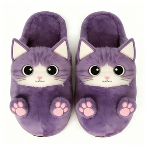 Custom Purple <b>Cat</b> <b>Plush</b> Fuzzy Indoor Slippers with Cute Face Design Halloween Unisex for Babies 0-24 Months - Product Image 2