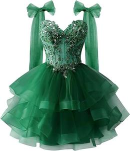 Abiti da ballo in Tulle a 2025 livelli per tornare a casa in pizzo scintillante con fiocco corto abito da ballo per adolescenti vestito Quinceanera - Product Image 6