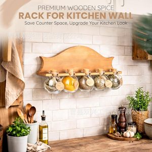 Wooden <b>Spice</b> <b>Rack</b> Wall Mounted <b>For</b> Kitchen Storage With Glass <b>Jars</b> And Labels - Product Image 1